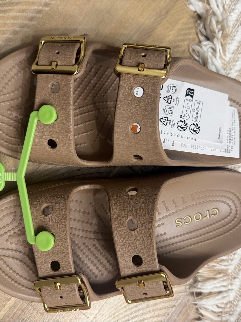 CROCS Double Buckle Slide Sandals in Taupe with Gold Buckles